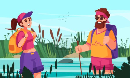 Illustration for Happy couple with backpacks on hiking trip standing in lake with water up to their knees flat vector illustration - Royalty Free Image