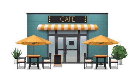 Téléchargez les illustrations : Café composition réaliste avec des meubles de restaurant extérieur illustration vectorielle - en licence libre de droit