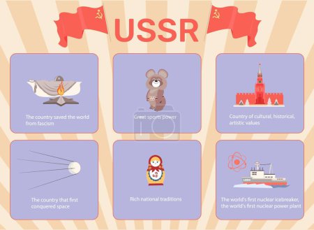 Ilustración de Ussr símbolos afiche de infografía plana con el oso kremlin satélite matryoshka vector ilustración - Imagen libre de derechos