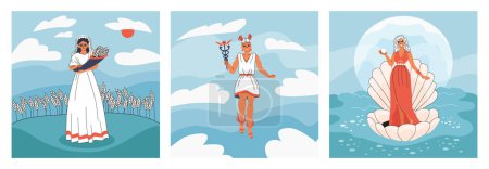 Ilustración de Conjunto de tres dioses olímpicos composiciones cuadradas con paisajes planos al aire libre y humanos como ilustración vectorial de personajes de diosa - Imagen libre de derechos