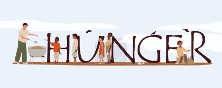 Illustration for Hunger flat text banner with color background and characters of hungry children and man giving them food vector illustration - Royalty Free Image
