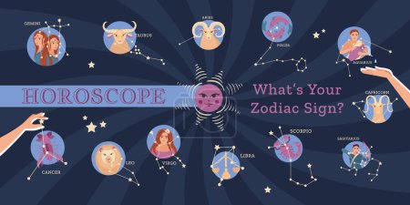 Téléchargez les illustrations : Horoscope collage en style plat avec des signes du zodiaque sur fond sombre illustration vectorielle - en licence libre de droit