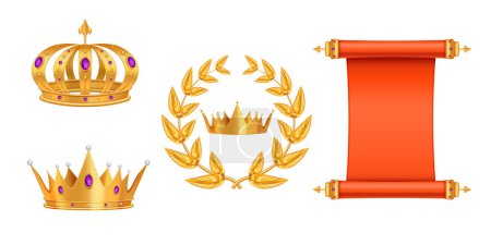 Téléchargez les illustrations : Couronne royale dorée sertie de symboles de noblesse illustration vectorielle isolée réaliste - en licence libre de droit