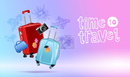Cartel realista horizontal de viaje con dos maletas levitadas cámara y mini bolso vector ilustración