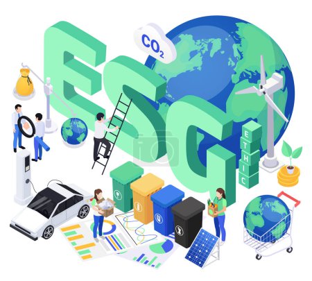 Illustration for Company with strong esg initiatives isometric concept with electric car sorted garbage people with equal rights vector illustration - Royalty Free Image