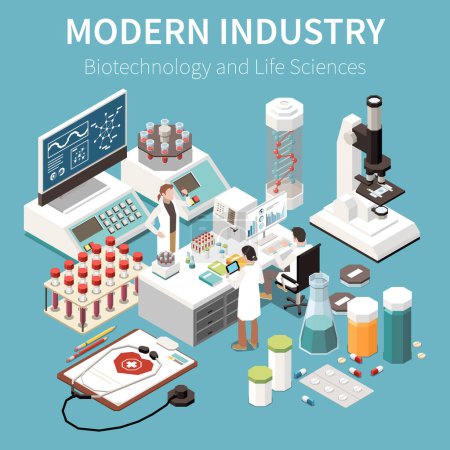 Ilustración de Composición isométrica de la industria moderna con herramientas de equipo e investigadores que trabajan en el campo de la biotecnología y las ciencias de la vida vector ilustración - Imagen libre de derechos