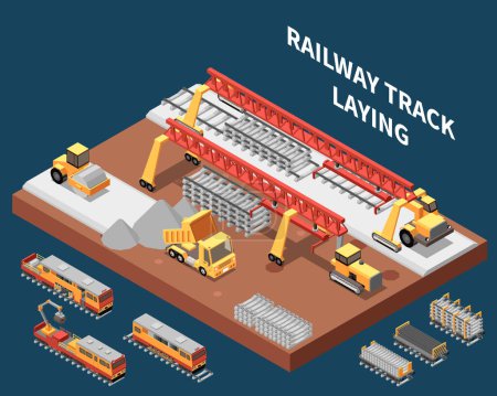 Illustration for Railway track laying isometric composition with machinery and materials for railroad repair and construction vector illustration - Royalty Free Image