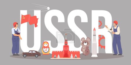 Ilustración de Ussr símbolos composición de texto en estilo plano sobre fondo gris con la gente soviética kremlin bandera olímpica oso vector ilustración - Imagen libre de derechos