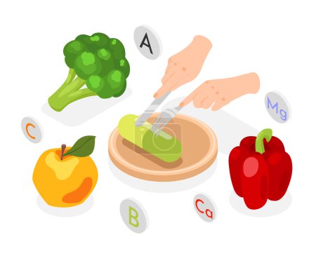 Téléchargez les illustrations : Futuriste composition isométrique alimentaire avec les mains humaines coupant par couteau capsule vitaminique imitant fruits et légumes illustration vectorielle - en licence libre de droit