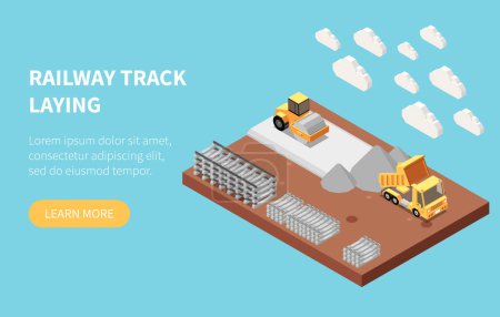 Illustration for Railway track laying website banner template with machinery and materials on construction site isometric vector illustration - Royalty Free Image