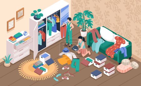 Illustration for Two women decluttering their wardrobe and organizing clothes storage in room isometric vector illustration - Royalty Free Image