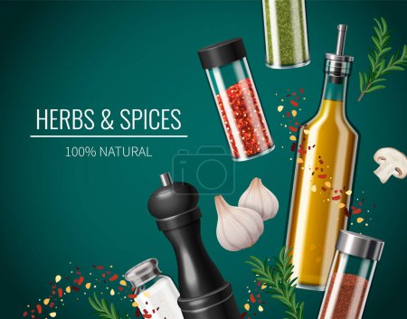 Illustration for Kitchen spices realistic poster with seasonings in dispensers vector illustration - Royalty Free Image