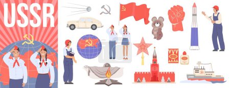 Ilustración de Ussr conjunto de composición plana con símbolos de unión soviética aislados en la ilustración de vector de fondo blanco - Imagen libre de derechos