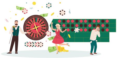 Ilustración de Casino composición plana con hermosa chica de moda y triste perdedor con bolsillos resultó ilustración vectorial - Imagen libre de derechos