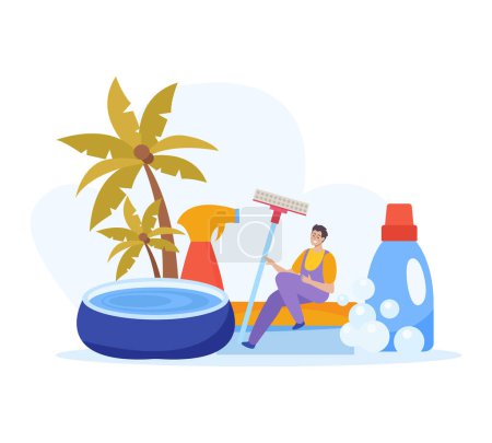 Ilustración de Composición de limpieza de la piscina con limpiadores químicos ilustración vectorial - Imagen libre de derechos