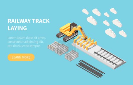 Illustration for Railroad building isometric web banner template with machine during track laying on blue background 3d vector illustration - Royalty Free Image