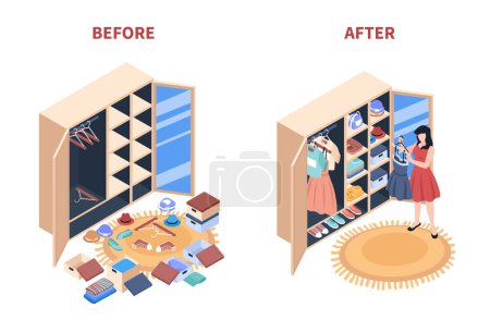 Illustration for Decluttering and clothes organization isometric concept with female character and wardrobe before and after vector illustration - Royalty Free Image