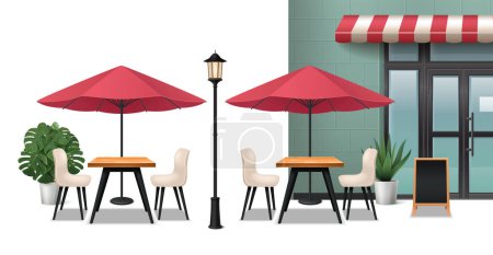 Téléchargez les illustrations : Café extérieur composition réaliste avec des meubles de restaurant illustration vectorielle - en licence libre de droit