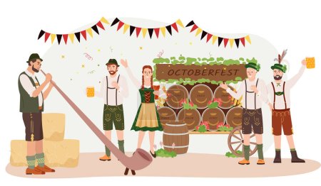 Téléchargez les illustrations : Oktoberfest partie composition plate avec des gens en costumes folkloriques près du chariot avec des tonneaux de bière illustration vectorielle - en licence libre de droit