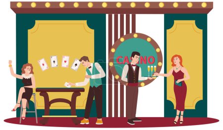 Ilustración de Casino ilustración vectorial plana con croupier e invitados jugando al póquer y beber champán - Imagen libre de derechos