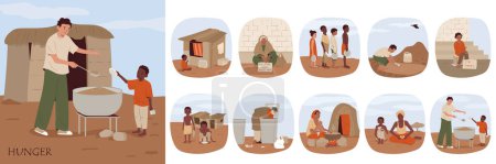 Ilustración de Hambre composición plana hambre conjunto con pobres adultos hambrientos y niños ilustración vectorial aislado - Imagen libre de derechos