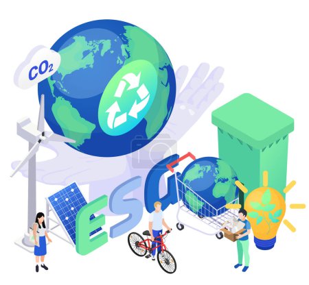 Illustration for Concept of esg environmental social governance with people sorting rubbish using eco transport reducing carbon footprint isometric vector illustration - Royalty Free Image