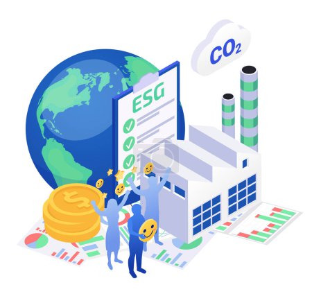 Illustration for Esg environmental social corporate governance sustainable and ecological production isometric concept with 3d plant building earth happy people vector illustration - Royalty Free Image