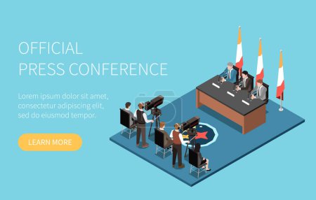 Illustration for Journalists shooting politicians during official press conference isometric website banner with button vector illustration - Royalty Free Image