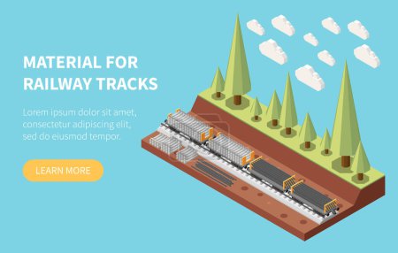 Illustration for Railroad building and track laying isometric web banner with ready materials vector illustration - Royalty Free Image