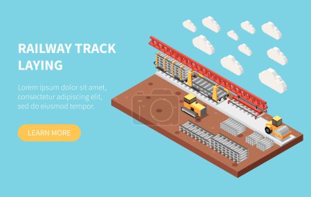 Illustration for Railroad building and railway track laying process isometric blue background website banner with learn more button vector illustration - Royalty Free Image