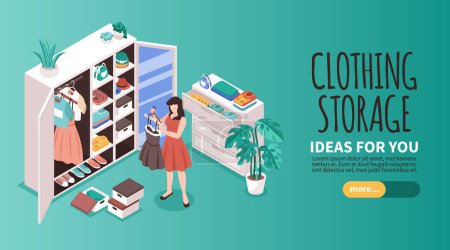 Illustration for Clothes storage isometric horizontal website banner with more button and woman organizing clothing in her wardrobe vector illustration - Royalty Free Image