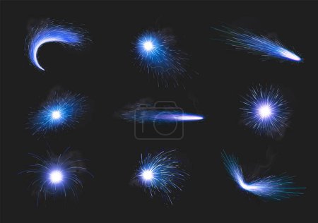 Ilustración de Soldadura de metal azul chispas iconos realistas conjunto con fuegos artificiales de corte de hierro aislar ilustración vectorial - Imagen libre de derechos
