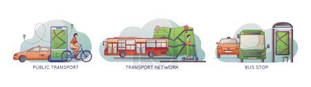 Illustration for Flat set with different kinds of public transport travel card mobile application stop road signs and passengers vector illustration - Royalty Free Image