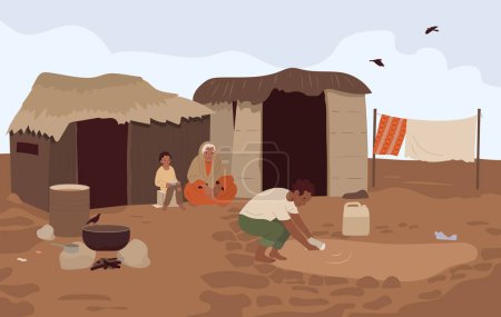 Téléchargez les illustrations : Faim et crise alimentaire fond avec des symboles de pauvreté illustration vectorielle plate - en licence libre de droit