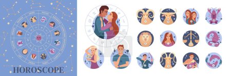 Téléchargez les illustrations : Horoscope composition plate ensemble d'icônes signe du zodiaque illustration vectorielle isolée - en licence libre de droit