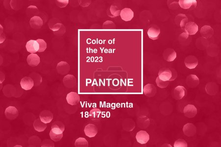 Dnipro, Ukraine - 01, February 2021 : Viva Magenta background with blurry sparkles. Pantone Color of The Year 2023. 