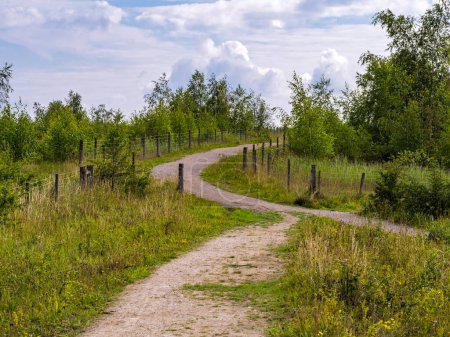 Photo for Footpaths and fences in Fairburn Ings Nature Reserve, West Yorkshire, England, with a cloudy blue sky - Royalty Free Image