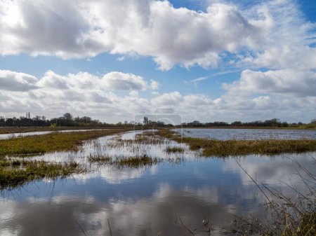 Téléchargez les photos : Ciel bleu avec nuages blancs reflétés dans les zones humides inondées à Wheldrake Ings, Yorkshire du Nord, Angleterre - en image libre de droit