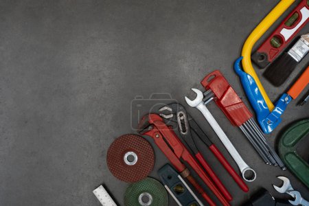 Photo for Old tools equipment on black table background, engineering concept - Royalty Free Image