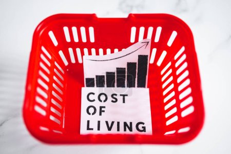 cost of living and rising inflation conceptual image with empty red shopping basket with text and graph showing prices going up