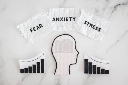 Photo for Mental health and mood swings conceptual image, cardboard head with Fear Anxiety Stress texts on scrunched up torn paper with graphs showing stats going up and down - Royalty Free Image