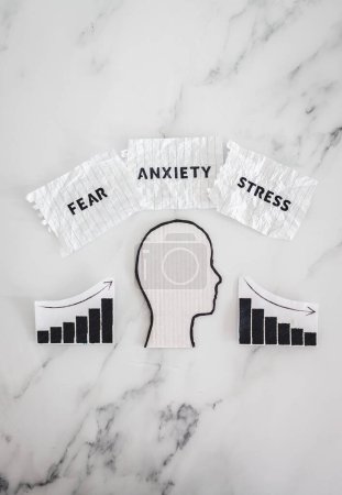 Foto de Mental health and mood swings conceptual image, cardboard head with Fear Anxiety Stress texts on scrunched up torn paper with graphs showing stats going up and down - Imagen libre de derechos
