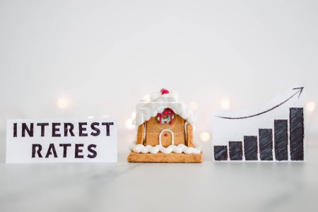 Lebenshaltungskosten und Inflation steigen um Weihnachten 2022, Lebkuchenhaus neben Zinssatz-Grafik mit steigenden Statistiken und Lichterketten im Hintergrund