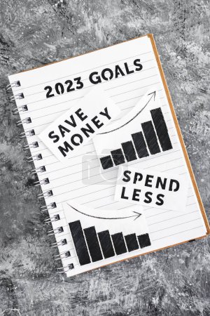 Téléchargez les photos : Spend less and save money texs with graphs showing expenses going down and savings going up on 2023 goals notebook, concept of financial stability and being free from debt - en image libre de droit