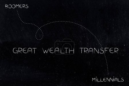 Téléchargez les photos : Grande image conceptuelle de transfert de richesse, texte avec lignes pointillées reliant les baby-boomers aux milléniaux - en image libre de droit