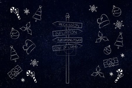 Téléchargez les photos : Inflation au temps de Noël image conceptuelle, récession et coût de la vie panneau routier entouré de décorations festives - en image libre de droit