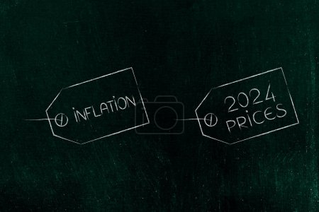 Téléchargez les photos : Image conceptuelle de l'inflation et de la récession en 2024, Étiquette du prix de l'inflation à côté de l'étiquette des prix en 2024 - en image libre de droit
