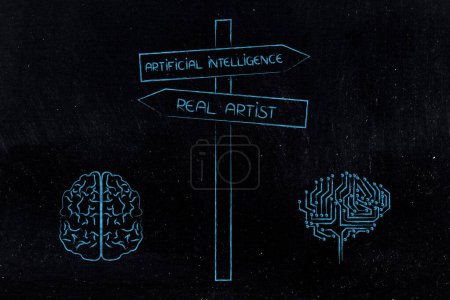 Téléchargez les photos : Intelligence artificielle vs réel artiste panneau de signalisation image conceptuelle, du cerveau humain au cerveau micropuce - en image libre de droit