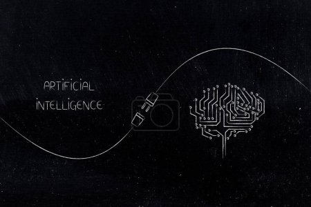 Téléchargez les photos : Intelligence artificielle et deep learning, texte à côté du cerveau de micropuce avec branchement entre eux - en image libre de droit