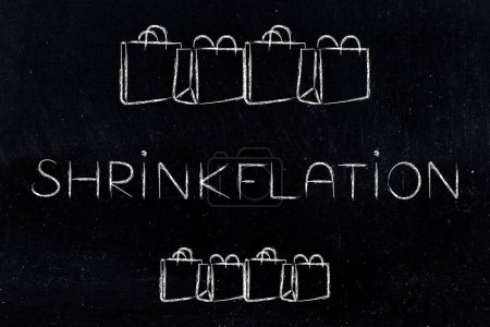 Diseño de contracción con bolsas de compras, concepto de productos cada vez más pequeños por el mismo precio debido a la inflación y la recesión